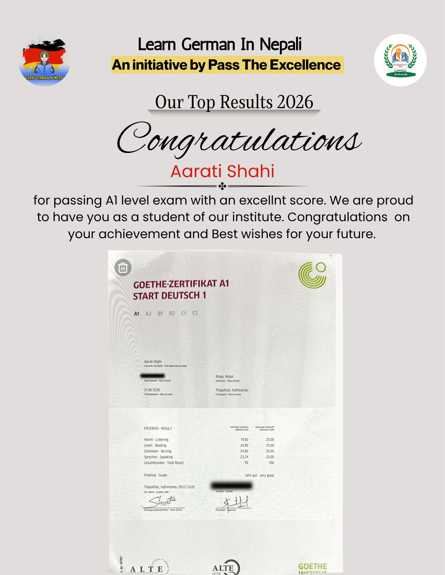 Student result: A1 passed